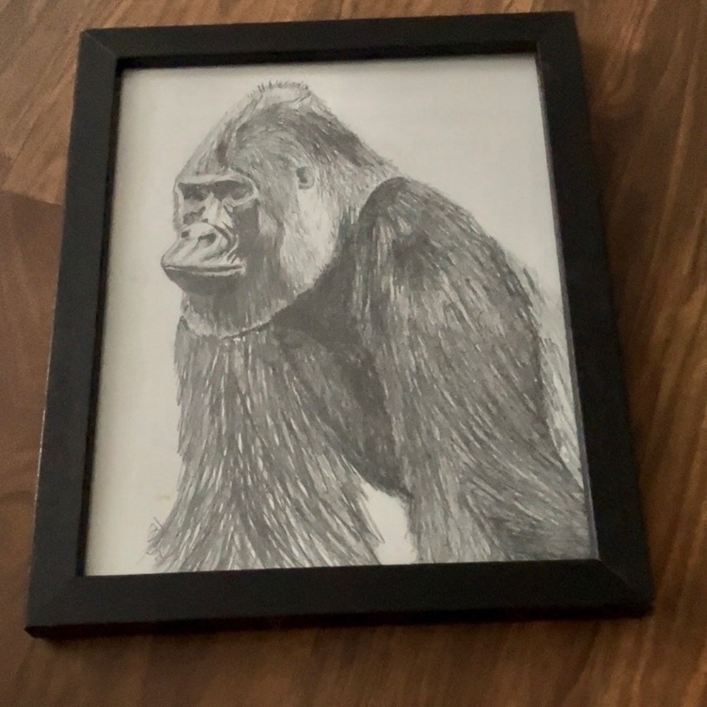 Vintage Pencil Sketch Drawing Gorilla Homemade Realism Black Framed Wall Art
